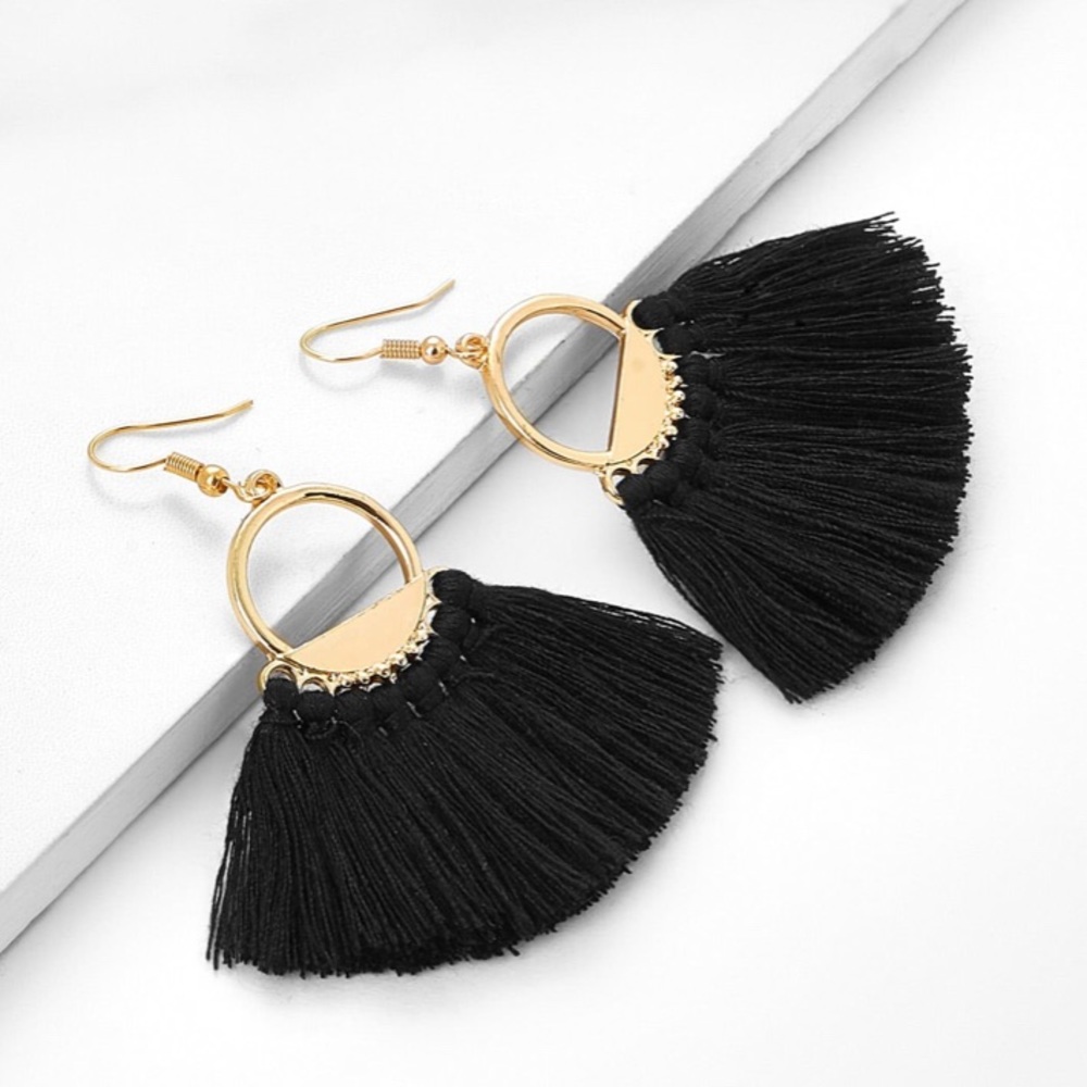 Gold Hoop Drop Earring Black Fringe